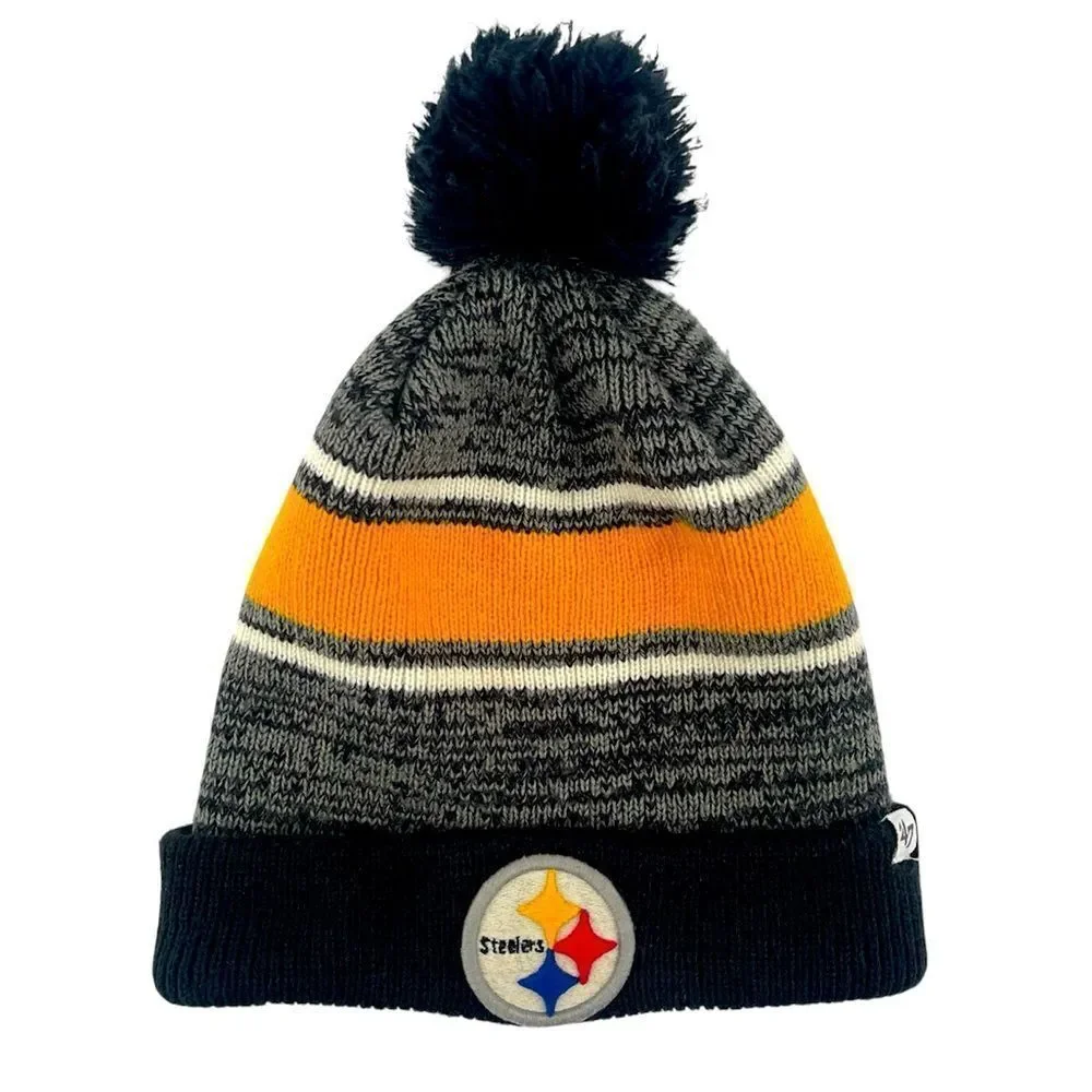 NFL x ‘47 Brand Kid’s Pittsburgh Steelers Black Gold Knit Pom Pom Beanie Hat OS
